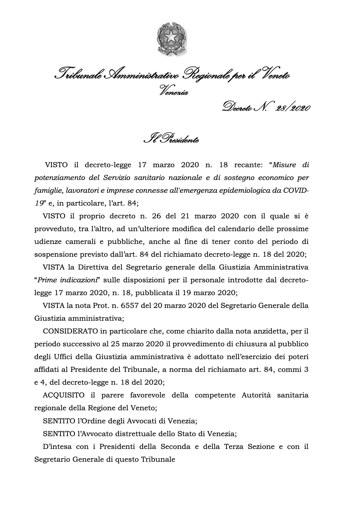 Decreto Presidente TAR Veneto n. 28-2020 Chiusura al pubblico Tar Veneto 25 marzo 2020